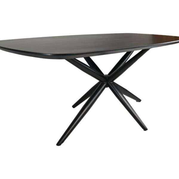 Een moderne, rechthoekige, donkere houten tafel met een glad oppervlak en afgeronde randen. Het heeft een artistieke, kruisende zwarte metalen basis die een unieke geometrische vorm vormt voor ondersteuning.