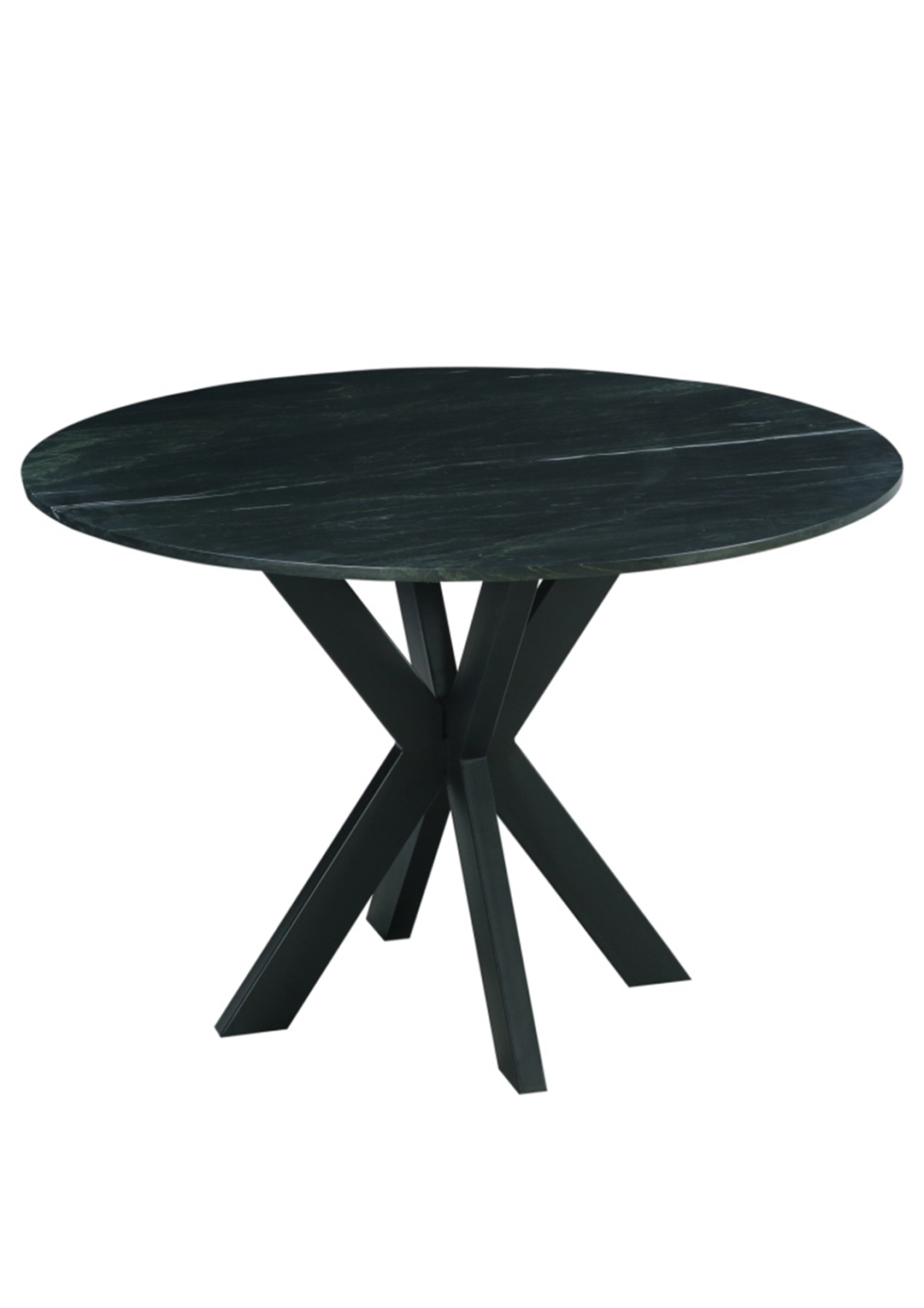 Een ronde zwarte tafel met een houten blad en een unieke X-vormige basis. Het oppervlak heeft een subtiele marmerachtige textuur en de basis bestaat uit vier hoekige poten die elkaar in het midden kruisen, wat een modern en strak design creëert.