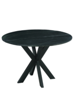 Een ronde zwarte tafel met een houten blad en een unieke X-vormige basis. Het oppervlak heeft een subtiele marmerachtige textuur en de basis bestaat uit vier hoekige poten die elkaar in het midden kruisen, wat een modern en strak design creëert.