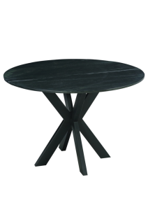 Een ronde zwarte tafel met een houten blad en een unieke X-vormige basis. Het oppervlak heeft een subtiele marmerachtige textuur en de basis bestaat uit vier hoekige poten die elkaar in het midden kruisen, wat een modern en strak design creëert.