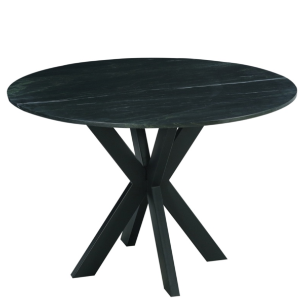Een ronde zwarte tafel met een houten blad en een unieke X-vormige basis. Het oppervlak heeft een subtiele marmerachtige textuur en de basis bestaat uit vier hoekige poten die elkaar in het midden kruisen, wat een modern en strak design creëert.