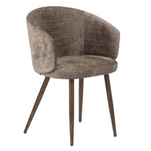 Een moderne stoel met een ronde rugleuning en vier schuine houten poten. De stoel is bekleed met een getextureerde, bruine stof.
