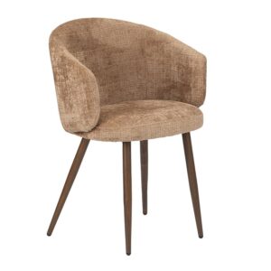 Een bruine gestoffeerde stoel met een getextureerde afwerking, met een ronde rugleuning en armleuningen. Hij staat op vier hoekige, donkere houten poten, wat hem een moderne en stijlvolle uitstraling geeft.