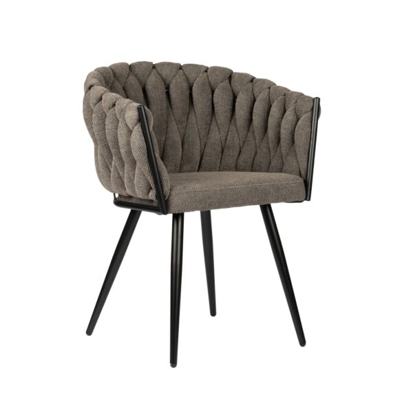 Grijs gestoffeerde stoel met een gecapitonneerde rugleuning en een gladde kussenzitting. Het heeft vier slanke zwarte poten en een rond ontwerp, dat hedendaagse en klassieke stijlen combineert, tegen een effen witte achtergrond.
