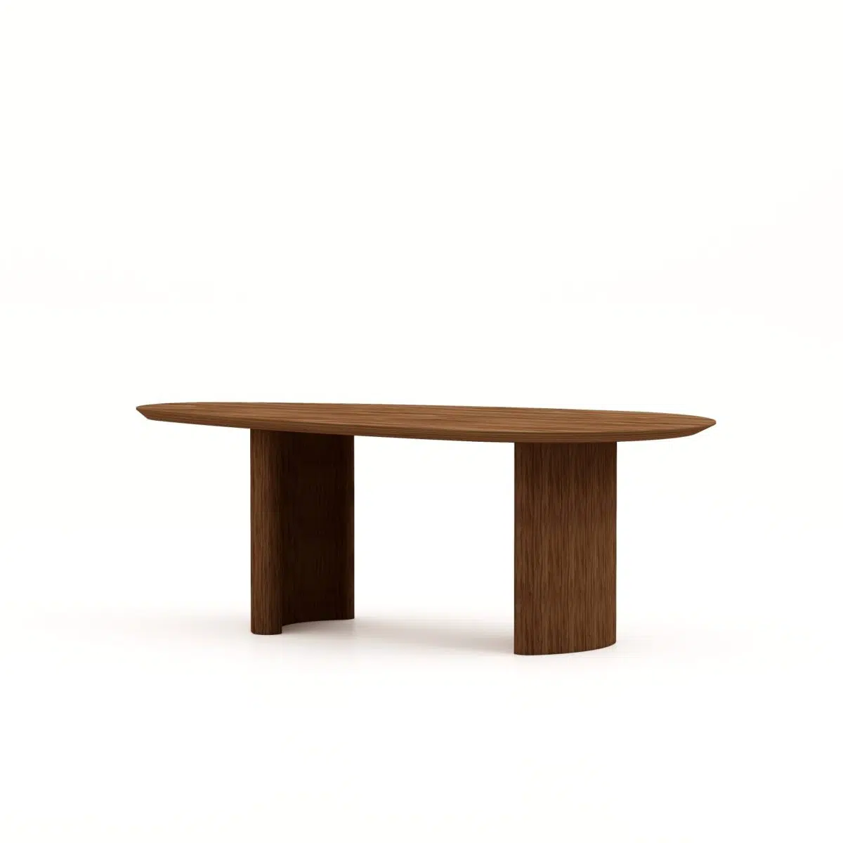 Een ovale houten tafel met een glad oppervlak en twee stevige, brede poten aan beide uiteinden, tegen een effen witte achtergrond.