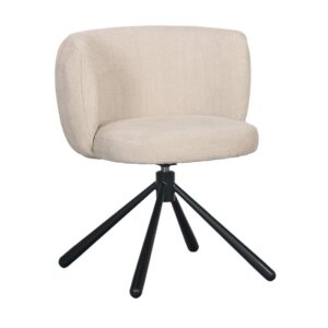 Beige, minimalistische stoel met een ronde, gewatteerde rugleuning en zitting, ondersteund door vier zwarte metalen poten die een stervormige basis vormen. De stof heeft een gestructureerde uitstraling en het ontwerp is modern en strak.