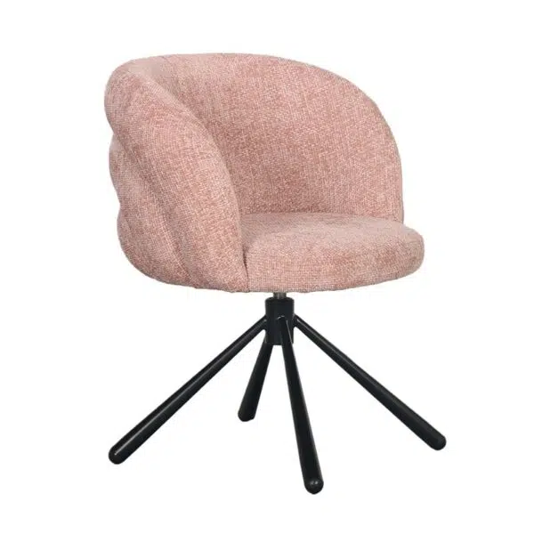 Een moderne stoel met een pluche, roze textuurstof en een ronde rugleuning. Het heeft een zwarte, vierpotige metalen basis. Het ontwerp is minimalistisch maar comfortabel, geschikt voor hedendaagse interieurs.