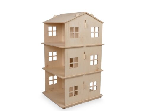 Een houten poppenhuis met drie verdiepingen met een eenvoudige, natuurlijke houten afwerking. Het heeft meerdere open kamers en vierkante ramen op elk niveau, wat zorgt voor gemakkelijke toegang en spel.