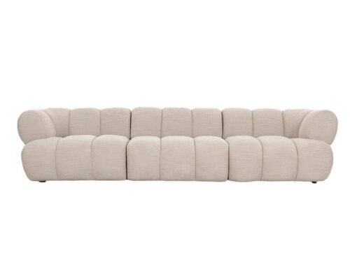 De New York 4-zits Beige is een moderne modulaire bank met een lage rugleuning en afgeronde, gestoffeerde delen, van voren afgebeeld tegen een witte achtergrond.