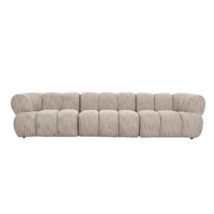 Beige, low-profile sectionele bank met een modern, pluche design. Het heeft afgeronde randen en diepe, gesegmenteerde kussens voor een comfortabele, eigentijdse look.