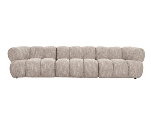 Beige, low-profile sectionele bank met een modern, pluche design. Het heeft afgeronde randen en diepe, gesegmenteerde kussens voor een comfortabele, eigentijdse look.