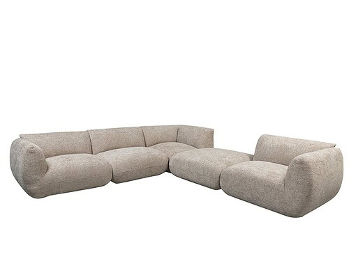 De Amsterdam 2.5 Seater + Ottoman White Glyphs is een moderne, modulaire hoekbank met ronde, dikke kussens en lage armleuningen, gerangschikt in een L-vorm op een witte achtergrond.