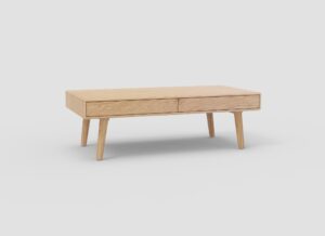 Een houten salontafel met een minimalistisch design, met vier schuine poten en twee lades. De tafel heeft een lichte, natuurlijke houtafwerking en een strakke, moderne uitstraling.