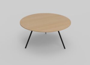 Een minimalistische ronde houten tafel met een glad oppervlak en vier zwarte metalen poten, tegen een effen grijze achtergrond.