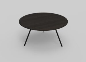 Een ronde, donkere houten tafel met drie slanke, zwarte metalen poten staat tegen een effen, lichtgrijze achtergrond. Het minimalistische ontwerp van de tafel creëert een moderne en elegante uitstraling.