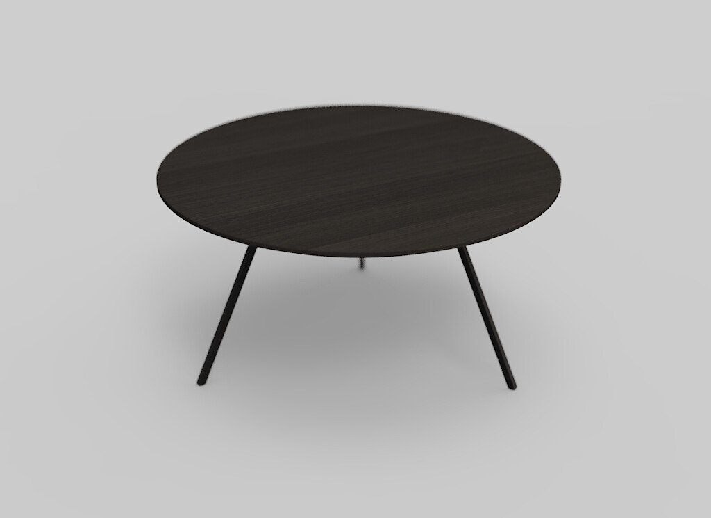 Een ronde, donkere houten tafel met drie slanke, zwarte metalen poten staat tegen een effen, lichtgrijze achtergrond. Het minimalistische ontwerp van de tafel creëert een moderne en elegante uitstraling.