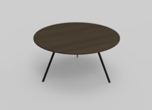 Een ronde houten tafel met een donkere afwerking en drie slanke, zwarte metalen poten tegen een lichtgrijze achtergrond.