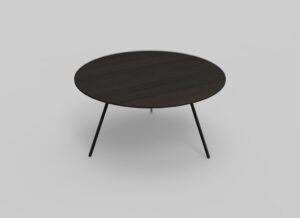 De Izola SALONTAFEL.RO70 EL21 is een ronde tafel van donker hout met slanke poten van zwart metaal. Het design is minimalistisch en modern, tegen een effen lichtgrijze achtergrond.