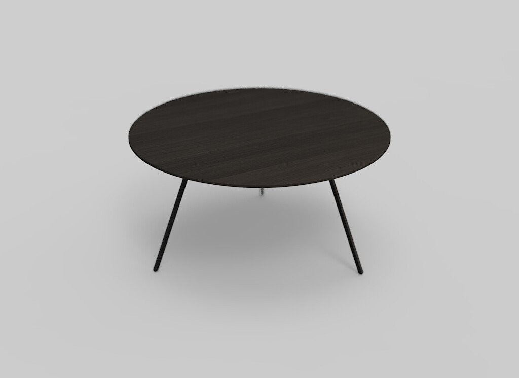 De Izola SALONTAFEL.RO70 EL21 is een ronde tafel van donker hout met slanke poten van zwart metaal. Het design is minimalistisch en modern, tegen een effen lichtgrijze achtergrond.