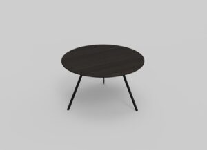 Een moderne, ronde tafel van donker hout met een glad oppervlak en drie slanke, zwarte poten, tegen een effen lichtgrijze achtergrond.