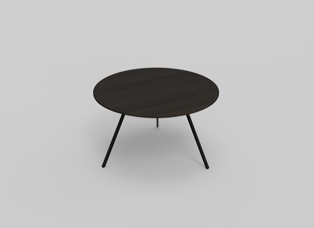 Een moderne, ronde tafel van donker hout met een glad oppervlak en drie slanke, zwarte poten, tegen een effen lichtgrijze achtergrond.