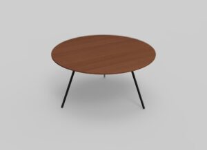 Een ronde houten salontafel met een glad oppervlak en vier slanke zwarte metalen poten, afgezet tegen een effen grijze achtergrond.