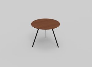 Een klein, rond houten tafeltje met een glad bruin oppervlak en drie slanke, zwarte metalen poten, afgezet tegen een effen grijze achtergrond.