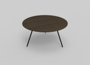 Een ronde, bruine houten tafel met dunne, zwarte metalen poten, tegen een effen witte achtergrond.