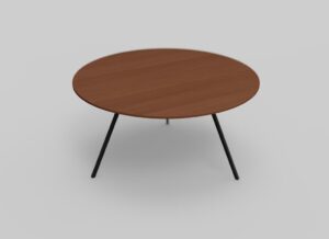Ronde houten tafel met een glad oppervlak en dunne, zwarte metalen poten, tegen een effen lichtgrijze achtergrond.