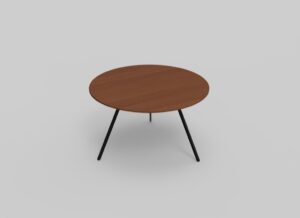 Een ronde houten tafel met een glad oppervlak en vier dunne, zwarte metalen poten tegen een lichtgrijze achtergrond.