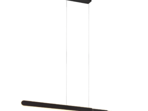Een moderne plafondlamp met drie langwerpige, parallelle staven die aan twee kabels hangen. De staven hebben een strakke zwarte afwerking en stralen een zachte gloed uit.