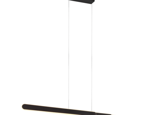 Een moderne hanglamp met drie langwerpige, zwarte horizontale staven die aan draden aan een rechthoekige plafondbevestiging hangen. De staven hebben gloeiende randen, wat ze een strak en eigentijds uiterlijk geeft.