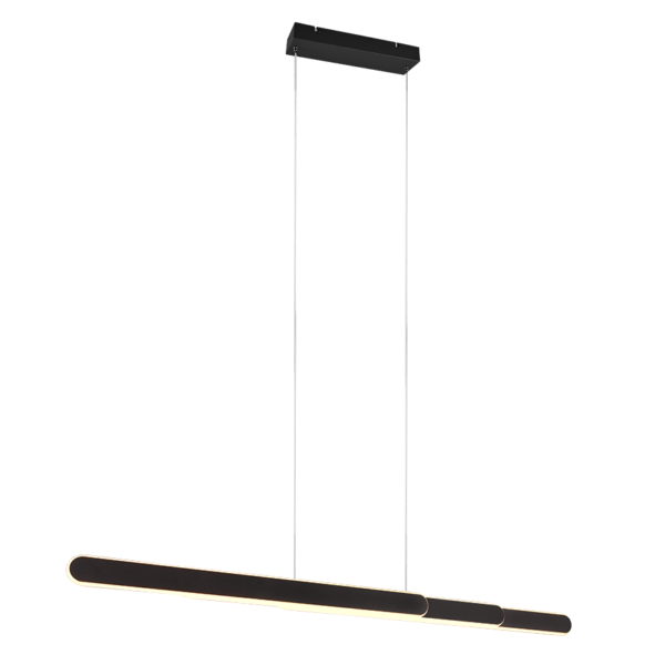 Een moderne hanglamp met drie langwerpige, zwarte horizontale staven die aan draden aan een rechthoekige plafondbevestiging hangen. De staven hebben gloeiende randen, wat ze een strak en eigentijds uiterlijk geeft.