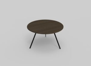 Een minimalistische ronde houten tafel met een donkerbruin blad en drie slanke zwarte poten, tegen een effen, lichtgrijze achtergrond.