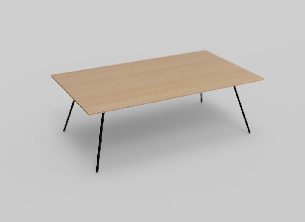 Een minimalistische rechthoekige tafel met een licht houten blad en dunne zwarte metalen poten, tegen een effen lichtgrijze achtergrond.