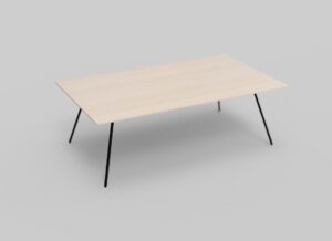 Een eenvoudige, moderne houten tafel met een licht, rechthoekig blad en dunne, zwarte metalen poten, tegen een effen grijze achtergrond.