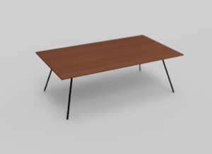Een minimalistische houten tafel met een rechthoekig blad en vier slanke, hoekige zwarte poten tegen een effen witte achtergrond.