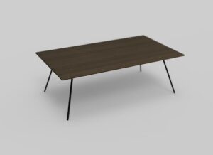 Een minimalistische rechthoekige houten tafel met slanke, zwarte metalen poten, tegen een effen lichtgrijze achtergrond.