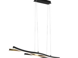 Een moderne, hangende plafondlamp met strakke, gebogen zwarte en gouden elementen. Het ontwerp heeft verweven stroken die een artistieke, eigentijdse look creëren, hangend aan een rechthoekige zwarte houder met dunne ondersteunende kabels.