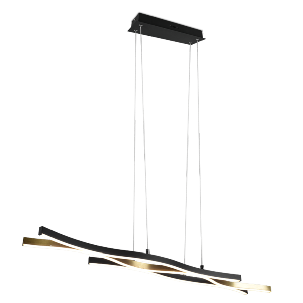 Een moderne, hangende plafondlamp met strakke, gebogen zwarte en gouden elementen. Het ontwerp heeft verweven stroken die een artistieke, eigentijdse look creëren, hangend aan een rechthoekige zwarte houder met dunne ondersteunende kabels.
