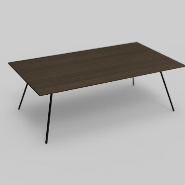 Een minimalistische houten tafel met een rechthoekig blad en dunne, zwarte metalen poten, tegen een effen grijze achtergrond.