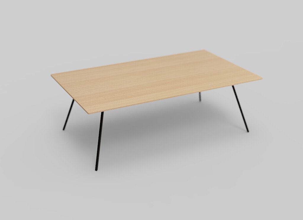 Een moderne rechthoekige houten tafel met strakke, zwarte metalen poten, tegen een effen lichtgrijze achtergrond.