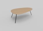 Een minimalistische, ovale houten salontafel met dunne, zwarte metalen poten tegen een lichtgrijze achtergrond.