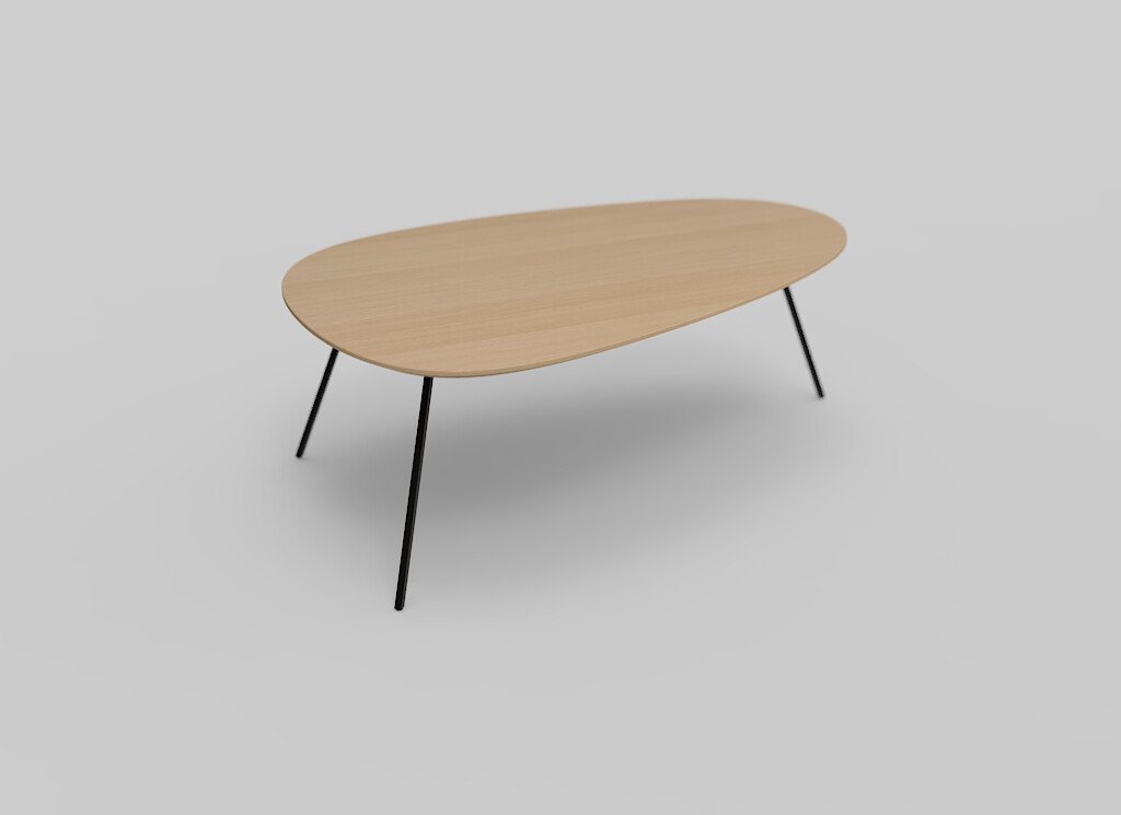 Een minimalistische, ovale houten salontafel met dunne, zwarte metalen poten tegen een lichtgrijze achtergrond.