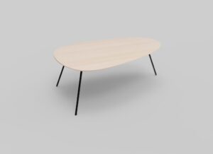 Een minimalistische, ovale houten tafel met een lichtgekleurd oppervlak en vier dunne, zwarte metalen poten, afgezet tegen een effen grijze achtergrond.