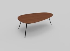 Een moderne ovale salontafel met een glad bruin houten blad en zwarte metalen poten, afgezet tegen een effen grijze achtergrond.
