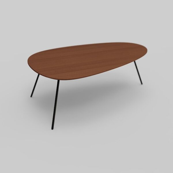 Een moderne ovale salontafel met een glad bruin houten blad en zwarte metalen poten, afgezet tegen een effen grijze achtergrond.