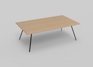Een minimalistische rechthoekige houten tafel met dunne, zwarte metalen poten, tegen een effen witte achtergrond.