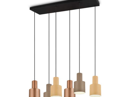 Een moderne hanglamp met zes cilindrische kappen in verschillende aardtinten, opgehangen aan een zwarte rechthoekige basis met zwarte snoeren.