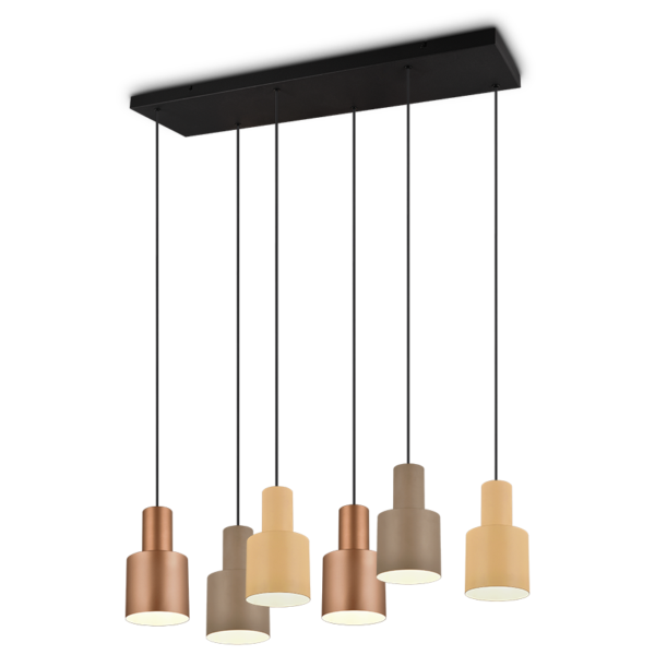 Rechthoekige zwarte plafondlamp met zes hangende hanglampen in verschillende tinten koper, beige en bruin. Elke lamp heeft een cilindrische kap, opgehangen aan zwarte snoeren van verschillende lengtes voor een gestapeld effect.